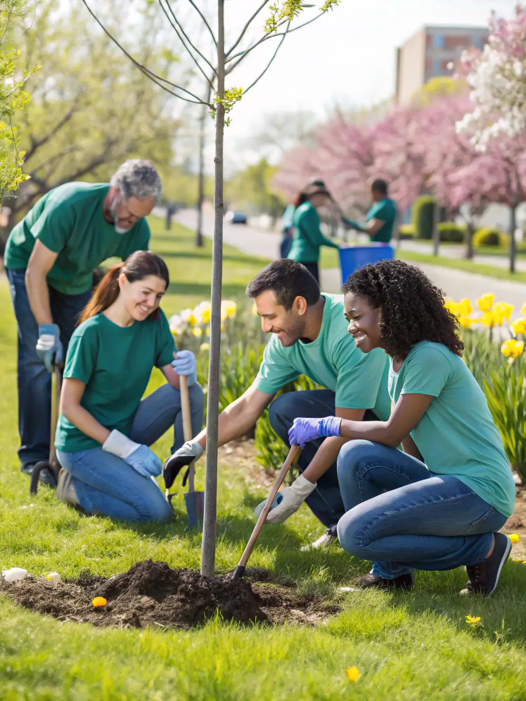 A vibrant photograph capturing volunteers planting trees in a local park, symbolizing VIVRE EN PAYS DE TULLE's commitment to environmental sustainability.