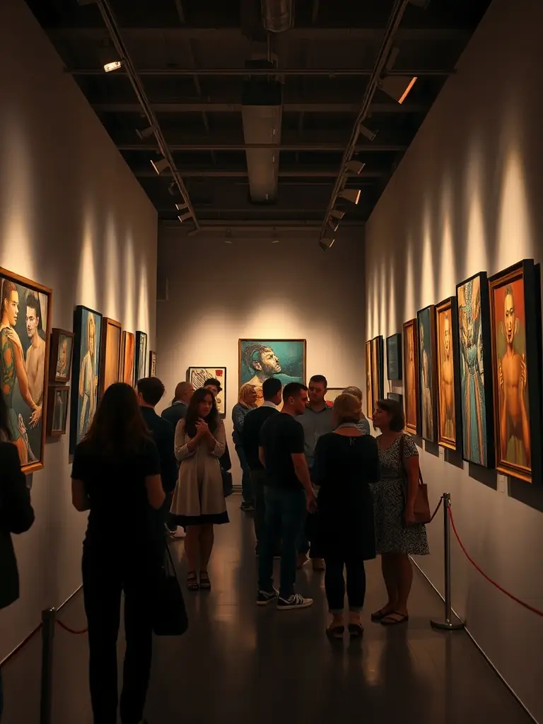 A vibrant photograph capturing a local art exhibition in Tulle, showcasing paintings and sculptures by regional artists, with visitors admiring the artwork.