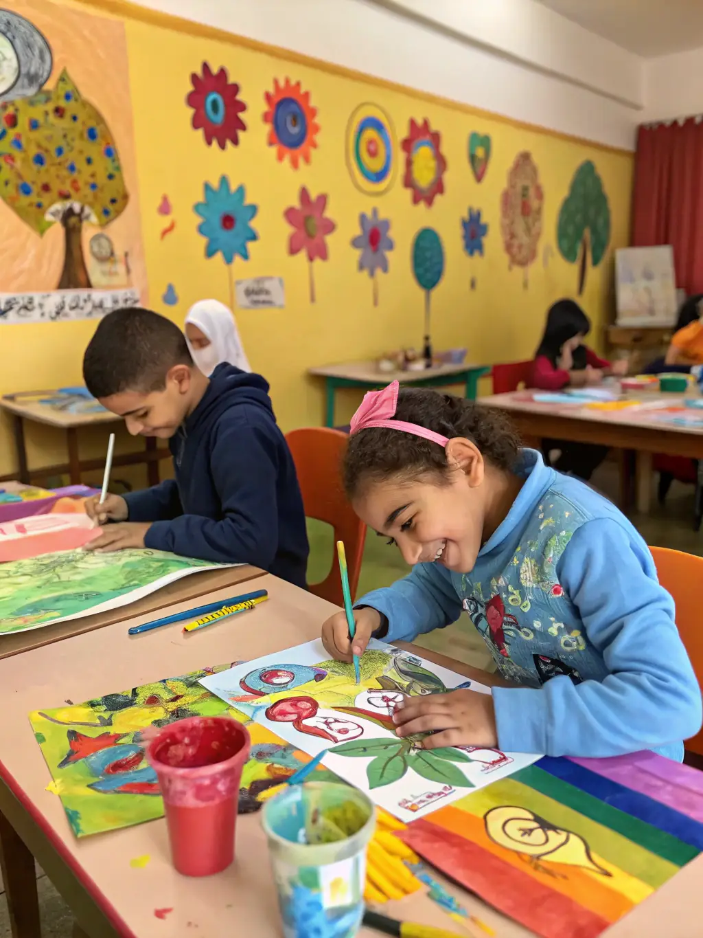 A photograph of children participating in an art workshop organized by VIVRE EN PAYS DE TULLE, with instructors guiding them in creative activities.