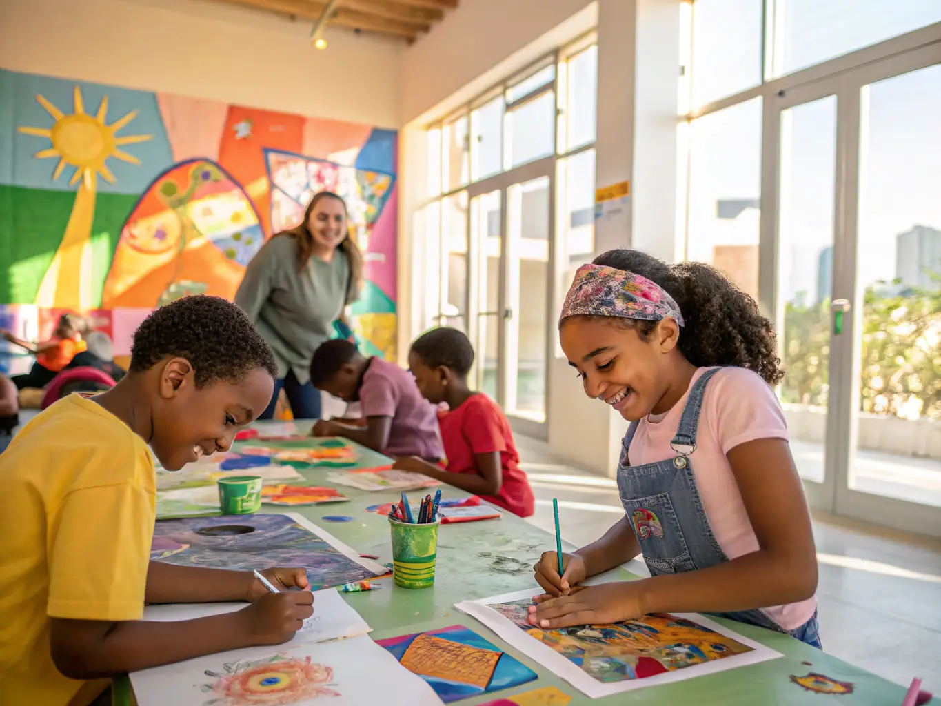 A photograph capturing a community art workshop facilitated by VIVRE EN PAYS DE TULLE, with participants of all ages engaged in creative activities.