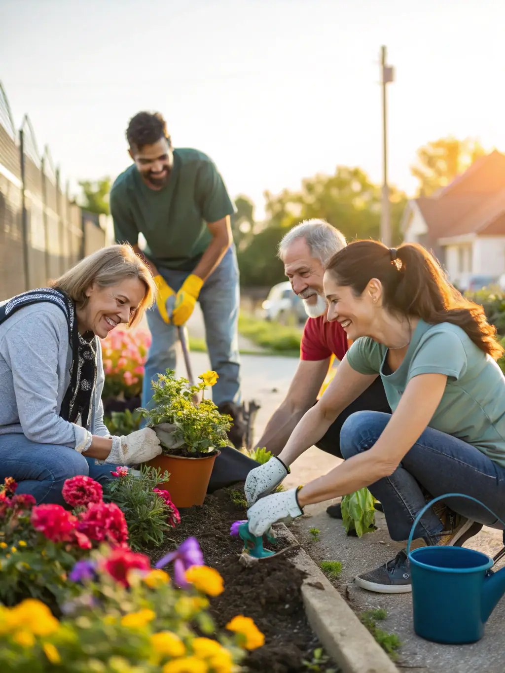 A heartwarming image of volunteers assisting elderly residents with gardening, highlighting VIVRE EN PAYS DE TULLE's dedication to community support and intergenerational connections.