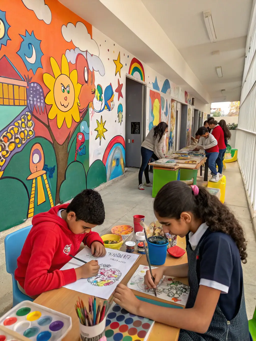 A dynamic image showing a group of young people participating in an art workshop organized by VIVRE EN PAYS DE TULLE, fostering creativity and cultural expression.